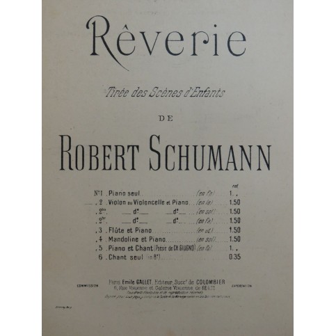 SCHUMANN Robert Rêverie Violon Piano ca1900