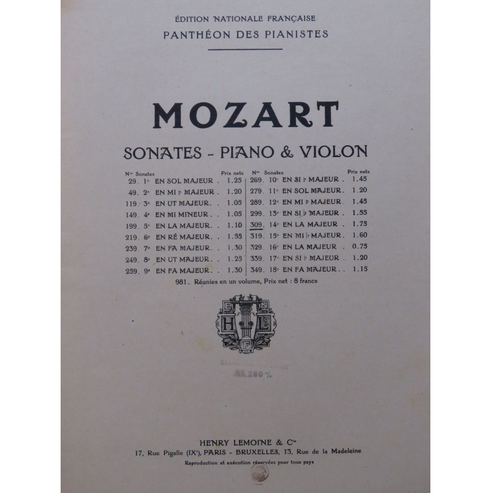 MOZART W. A. Sonate No 14 Violon Piano