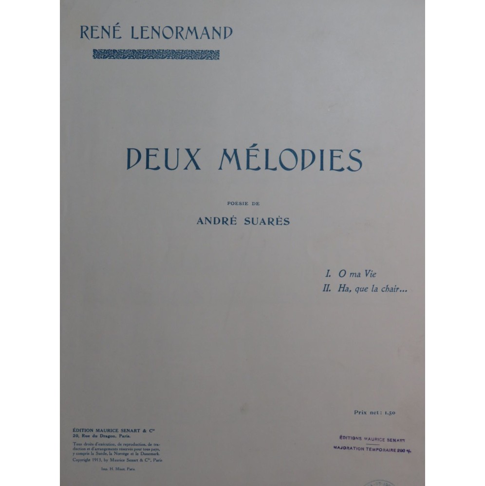 LENORMAND René Deux Mélodies Chant Piano 1913
