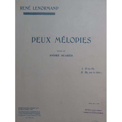 LENORMAND René Deux Mélodies Chant Piano 1913