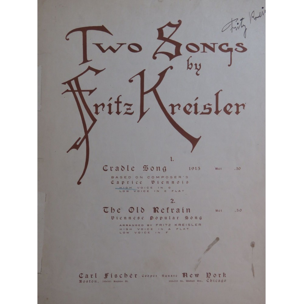 KREISLER Fritz Cradle Song 1915 Signature Chant Piano 1915