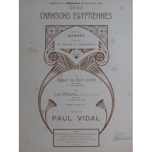 VIDAL Paul Chanson Egyptienne Appel au bien aimé Chant Piano 1902