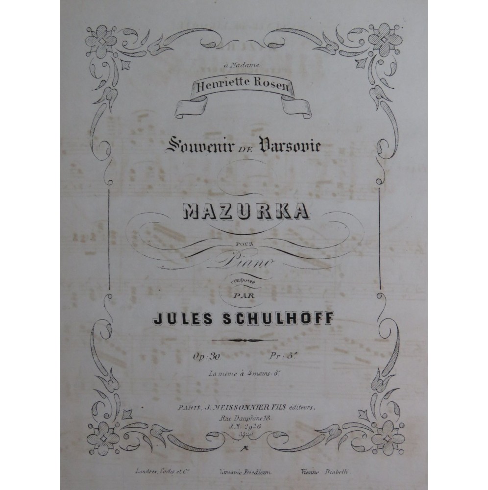 SCHULHOFF Jules Souvenir de Varsovie Piano ca1855