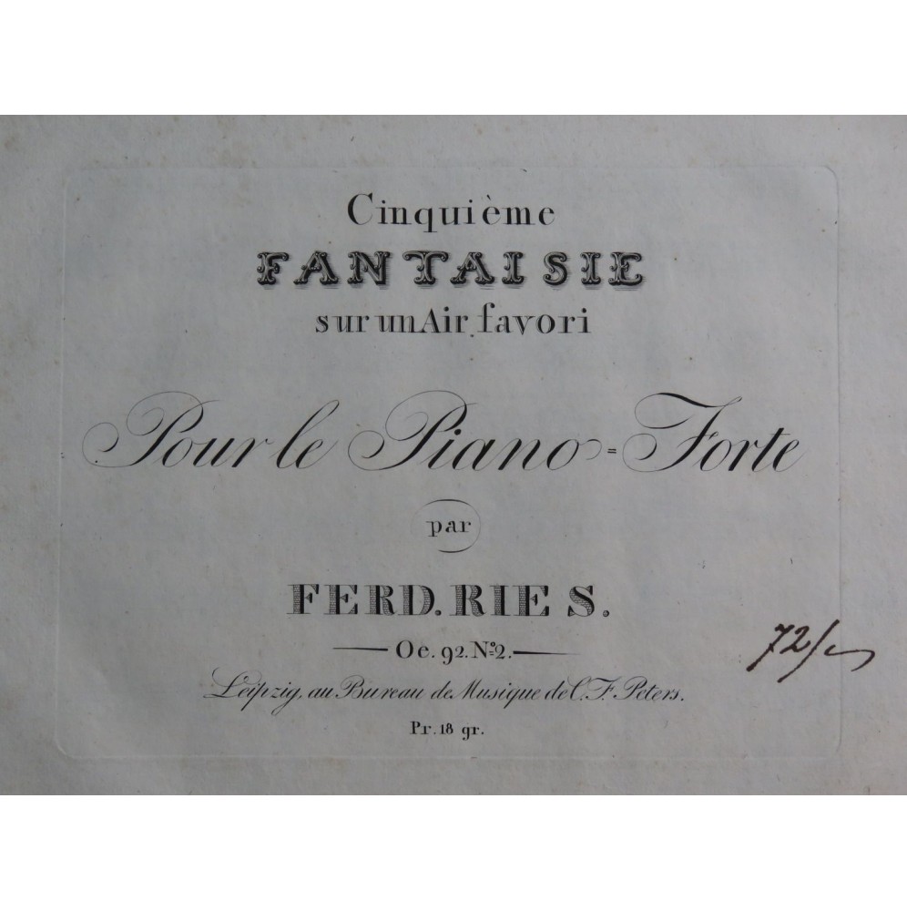 RIES Ferdinand Fantaisie No 5 op 92 No 2 Piano ca1820