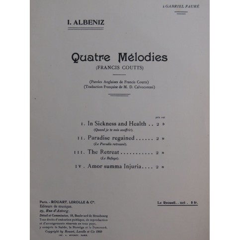 ALBENIZ Isaac Quatre Mélodies Chant Piano 1909