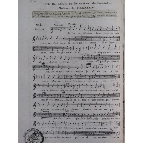 DALAYRAC Nicolas Air de Léon ou le Chateua de Monténéro Chant ca1800