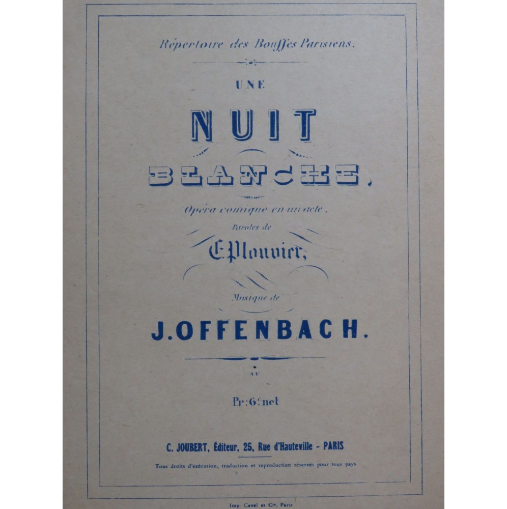 OFFENBACH Jacques Une Nuit Blanche Opéra Chant Piano ca1910