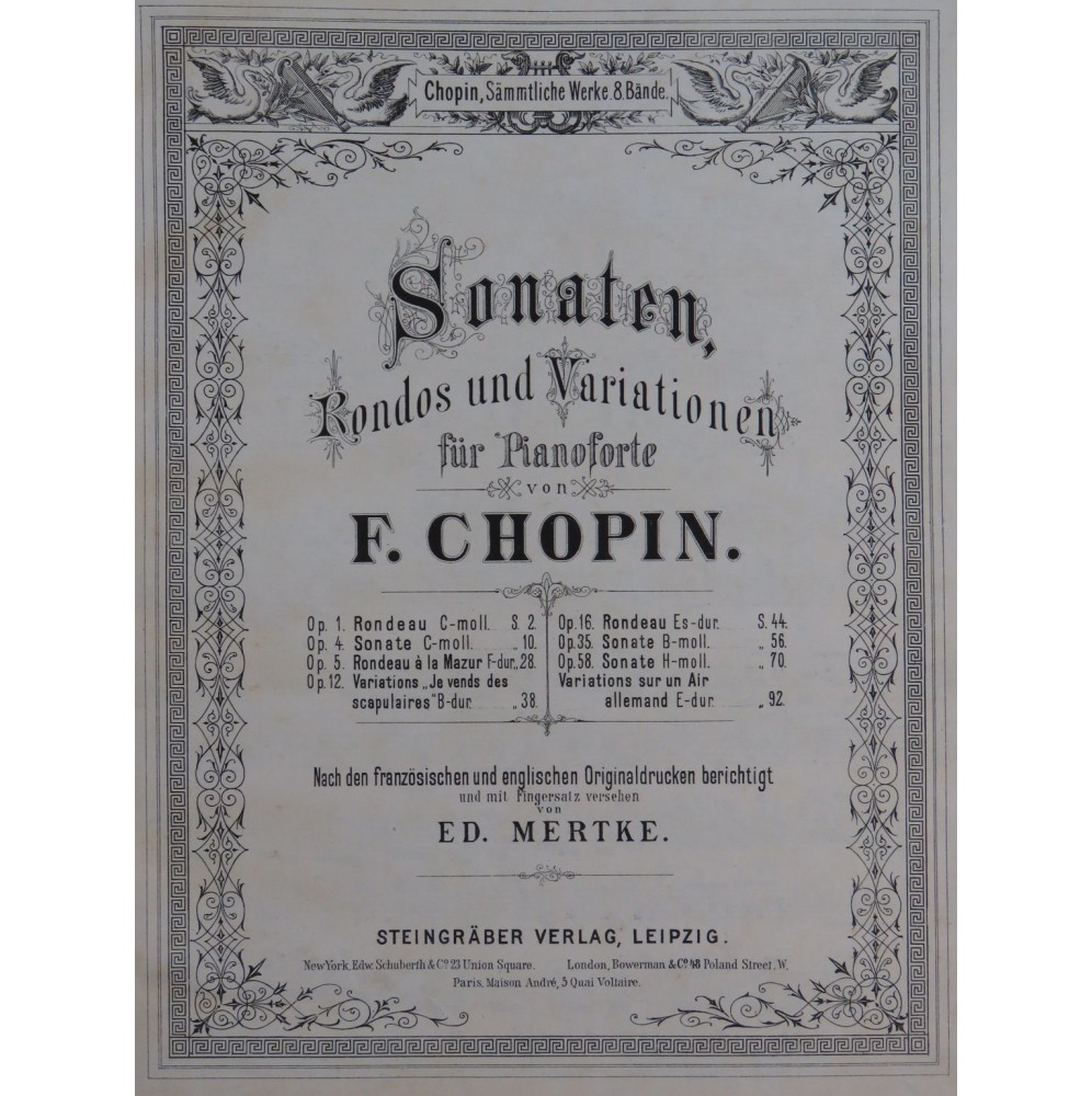 CHOPIN Frédéric Sonaten Rondos und Variationen Concerte Piano ca1890