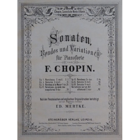 CHOPIN Frédéric Sonaten Rondos und Variationen Concerte Piano ca1890