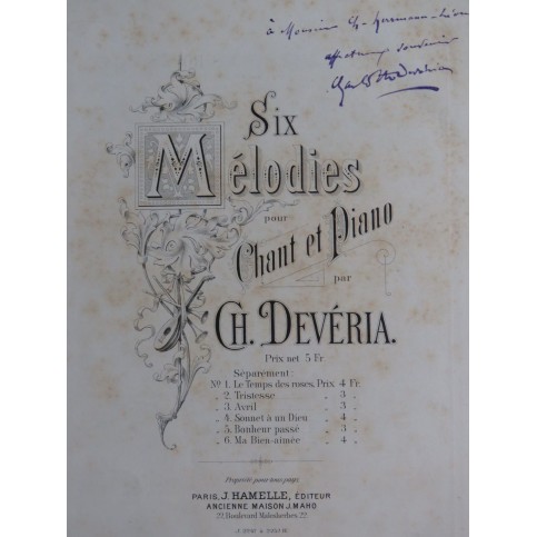 DÉVERIA Charlotte Six Mélodies Dédicace Chant Piano ca1885