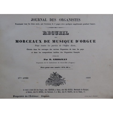 Journal de Organistes Recueil Morceaux de Musique d'Orgue 1886-1888