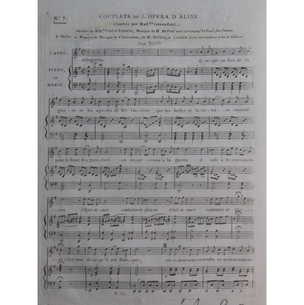 BERTON H. Couplets de l'Opéra d'Aline Chant Piano ou Harpe ca1820