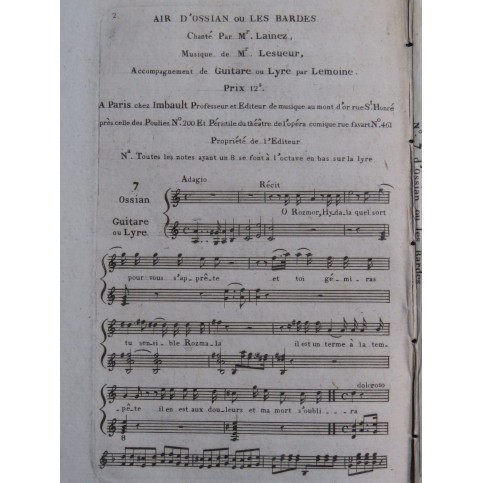 LESUEUR Jean-François Ossian ou les Bardes No 7 Chant Guitare ca1810