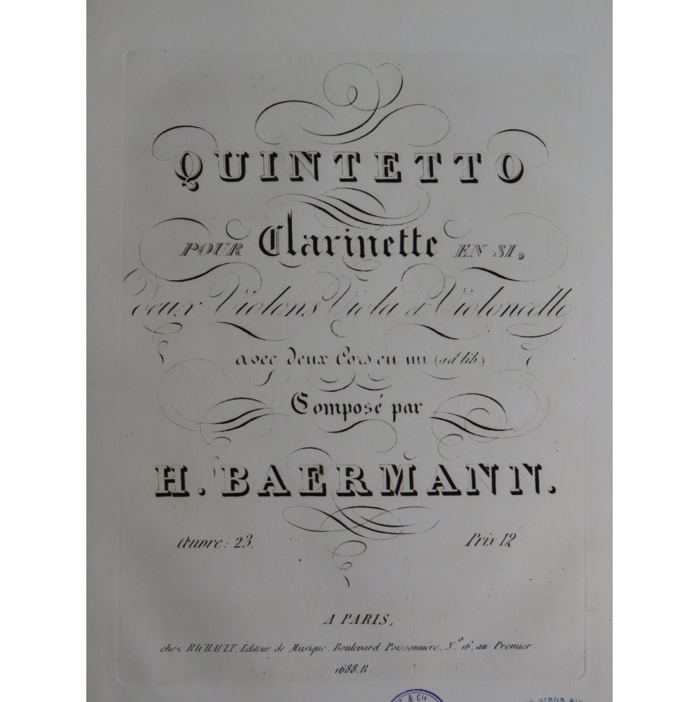 BAERMANN Heinrich Quintetto op 23 Clarinette Violon Alto Violoncelle ca1827