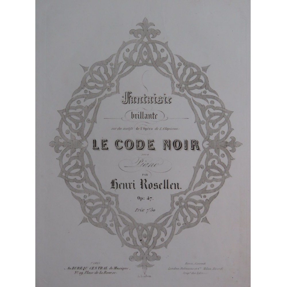 ROSELLEN Henri Le Code Noir Piano ca1840