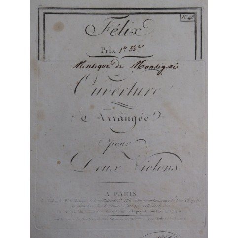 MONSIGNY P. A. Félix Ouverture 2 Violons ca1780