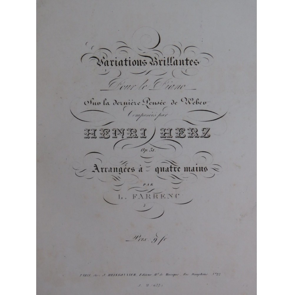 HERZ Henri Variations Dernière Pensée Weber Piano 4 mains ca1845