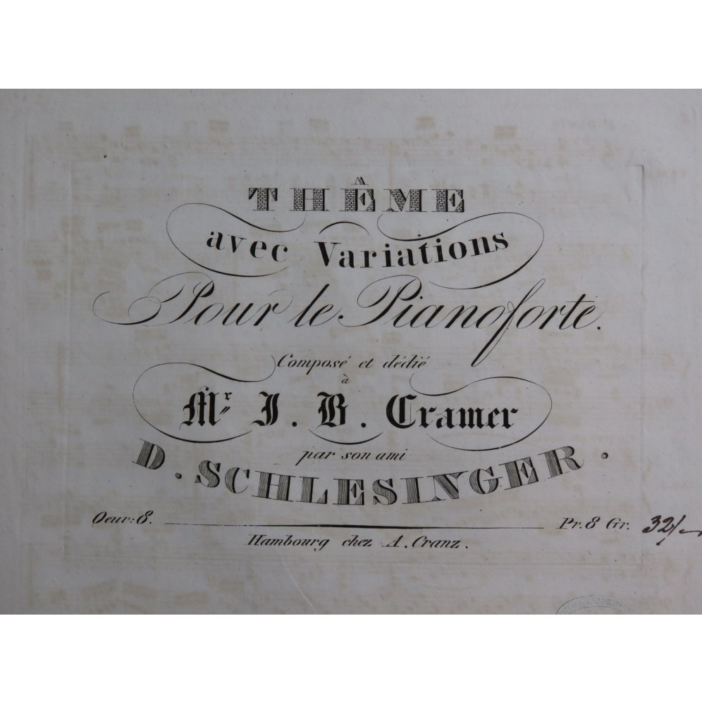 SCHLESINGER Daniel Thême avec Variations op 8 Piano ca1830