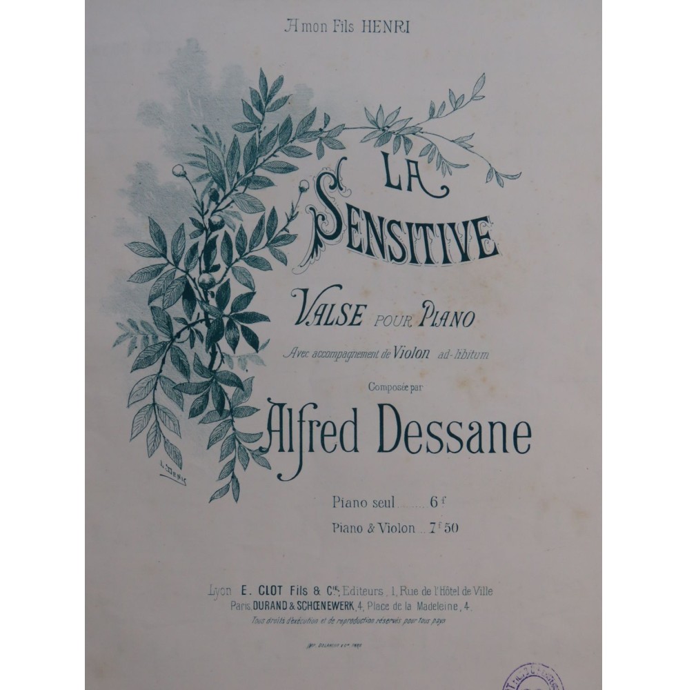 DESSANE Alfred La Sensitive Valse Dédicace Piano ca1890