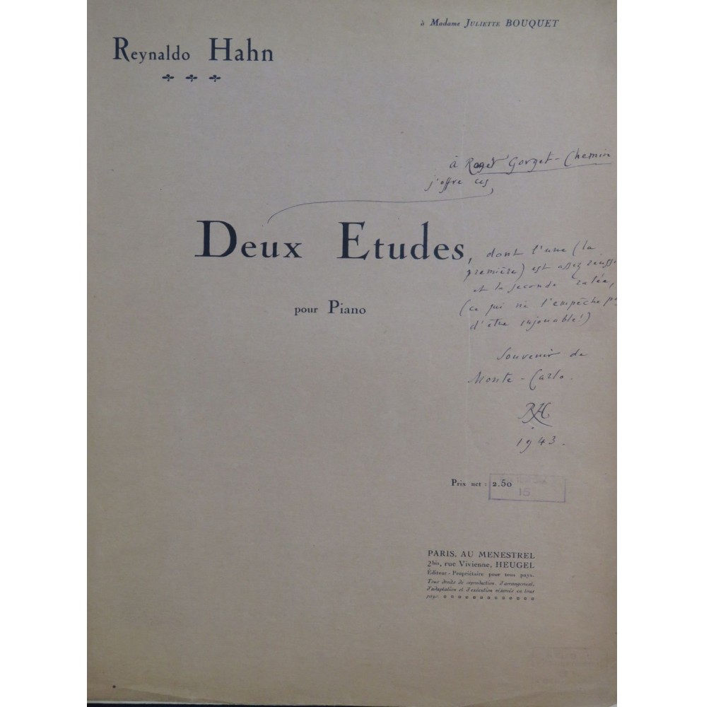 HAHN Reynaldo Deux Etudes Dédicace Piano 1927