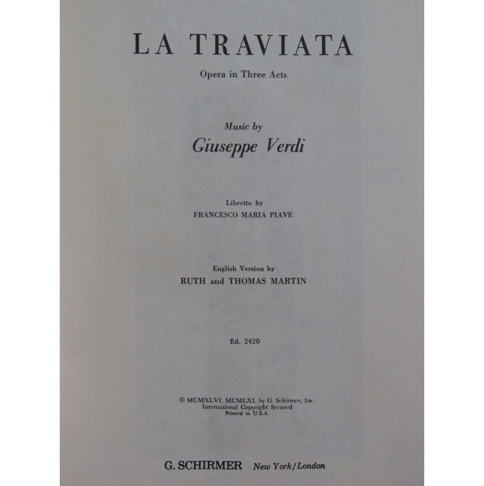 VERDI Giuseppe La Traviata Opéra en anglais Chant Piano 1961