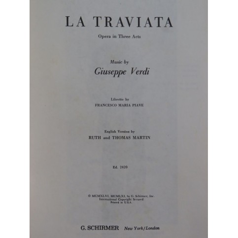 VERDI Giuseppe La Traviata Opéra en anglais Chant Piano 1961