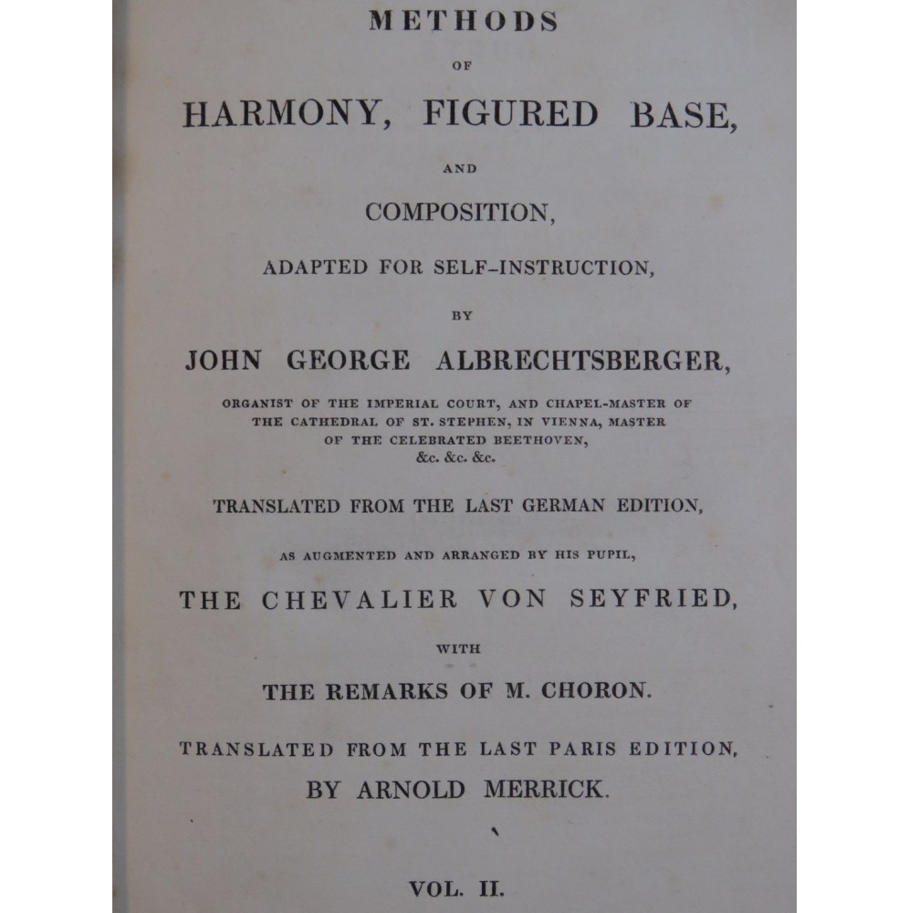 ALBRECHTSBERGER John George Methods of Harmony Figured Base Vol 2 ca1840