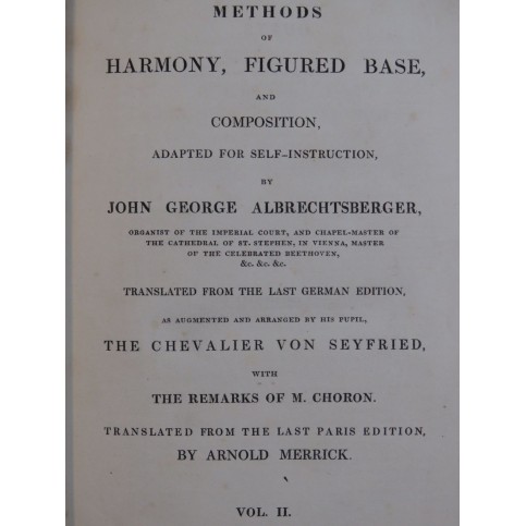 ALBRECHTSBERGER John George Methods of Harmony Figured Base Vol 2 ca1840