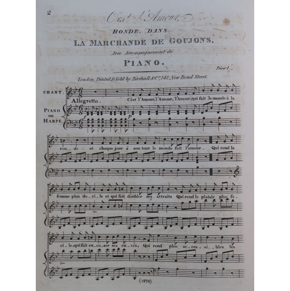 C'est l'Amour La Marchande de Goujons Chant Piano ca1830