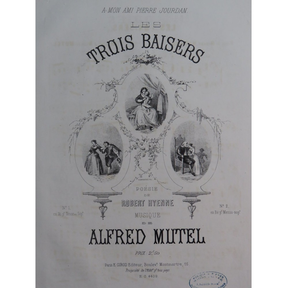 MUTEL Alfred Les 3 Baisers Chant Piano ca1860