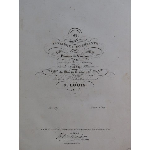 LOUIS N. Fantaisie Concertante No 6 op 17 Piano Violon ca1845