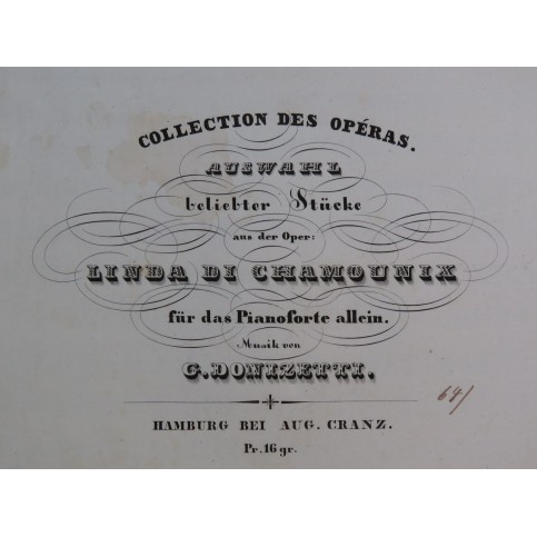 DONIZETTI G. Linda di Chamounix Auswahl Beliebter Stücke Piano ca1840