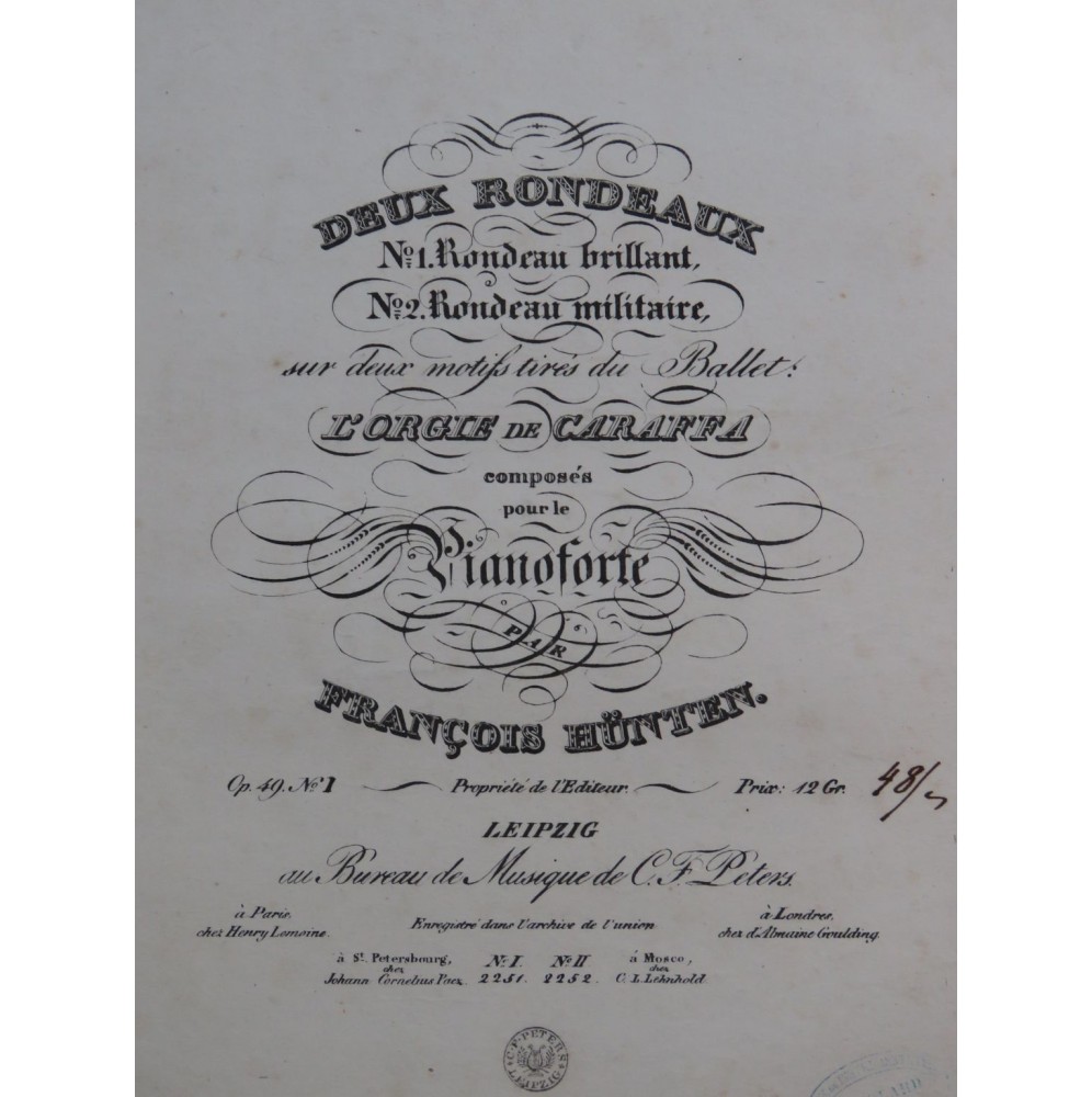 HÜNTEN François Rondeau Brillant op 49 No 1 Piano ca1832