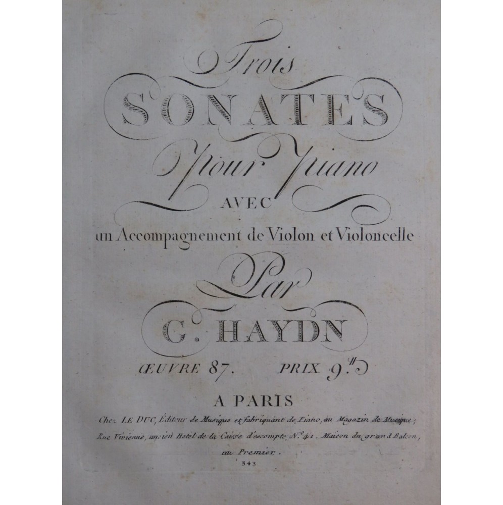 HAYDN Joseph Trois Sonates op 86 Piano Violon ca1820