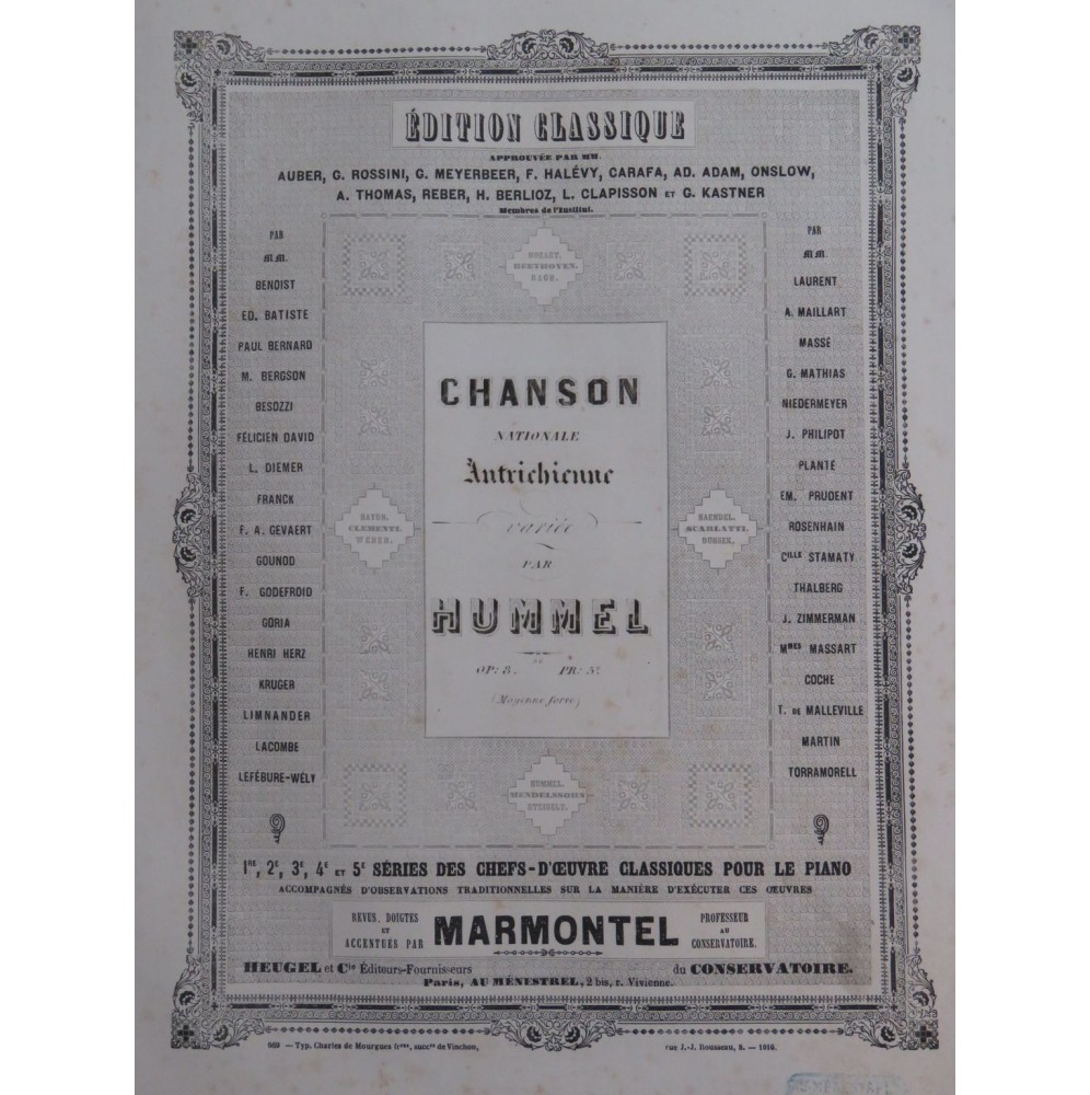 HUMMEL J. N. Chanson Nationale Autrichienne op 8 Piano ca1860