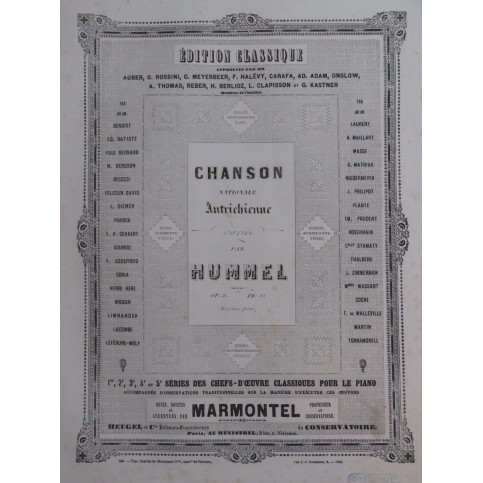 HUMMEL J. N. Chanson Nationale Autrichienne op 8 Piano ca1860