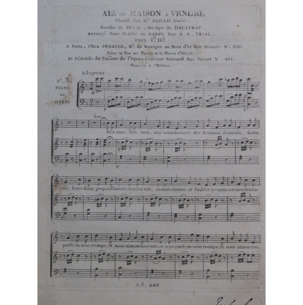 DALAYRAC Nicolas Maison à Vendre No 3 Chant Piano ou Harpe ca1800