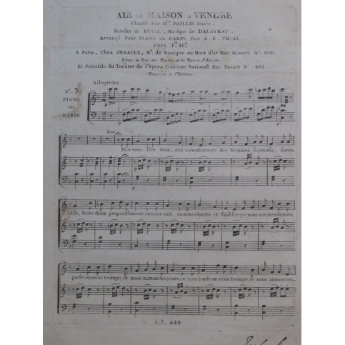 DALAYRAC Nicolas Maison à Vendre No 3 Chant Piano ou Harpe ca1800