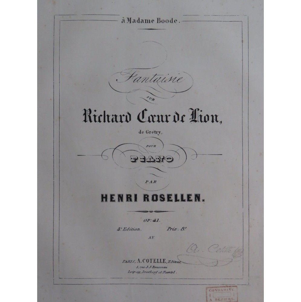 ROSELLEN Henri Fantaisie sur Richard Coeur de Lion Piano ca1850