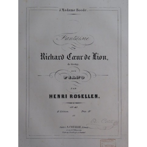 ROSELLEN Henri Fantaisie sur Richard Coeur de Lion Piano ca1850