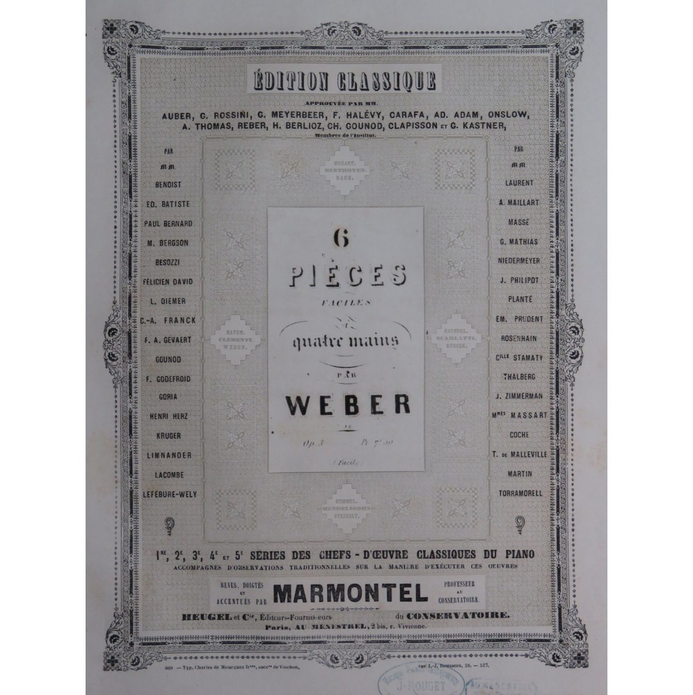 WEBER Six Pièces Faciles op 3 Piano 4 mains ca1860