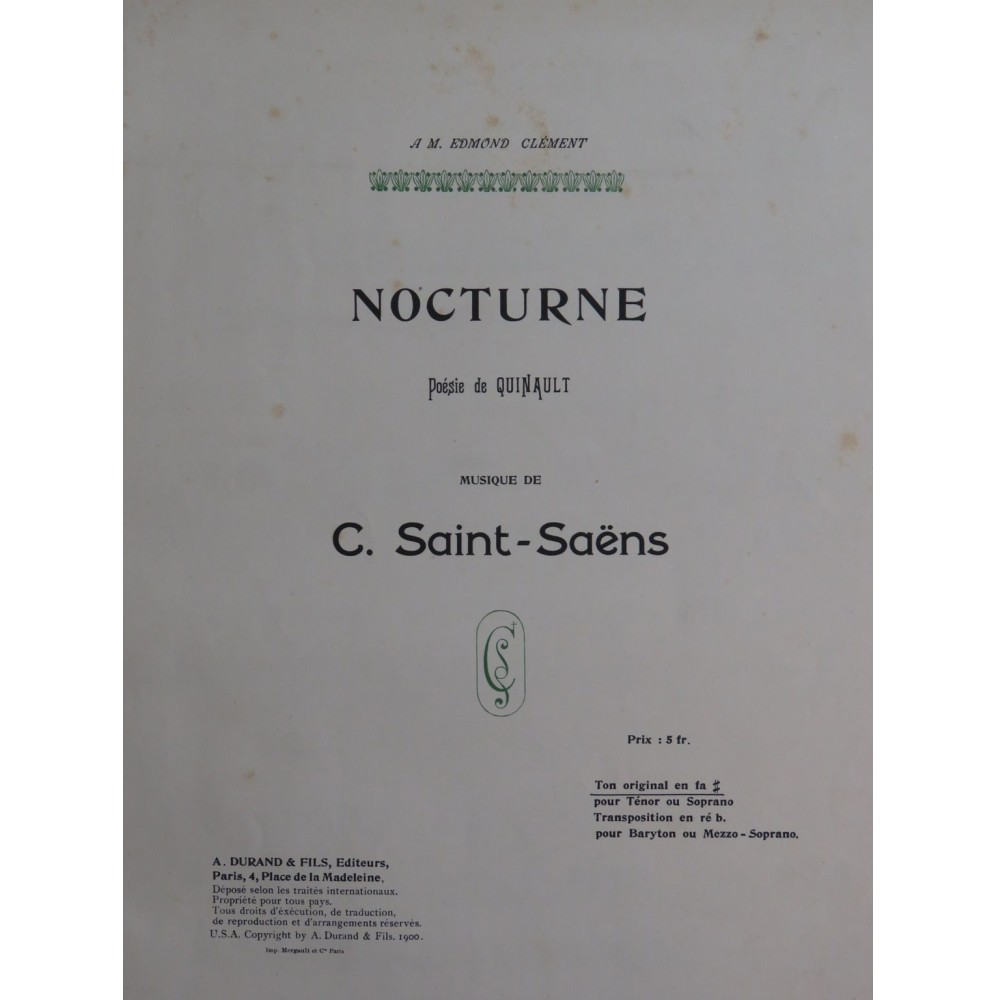 SAINT-SAËNS Camille Nocturne Chant Piano 1900