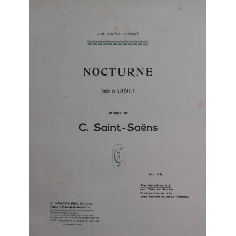 SAINT-SAËNS Camille Nocturne Chant Piano 1900