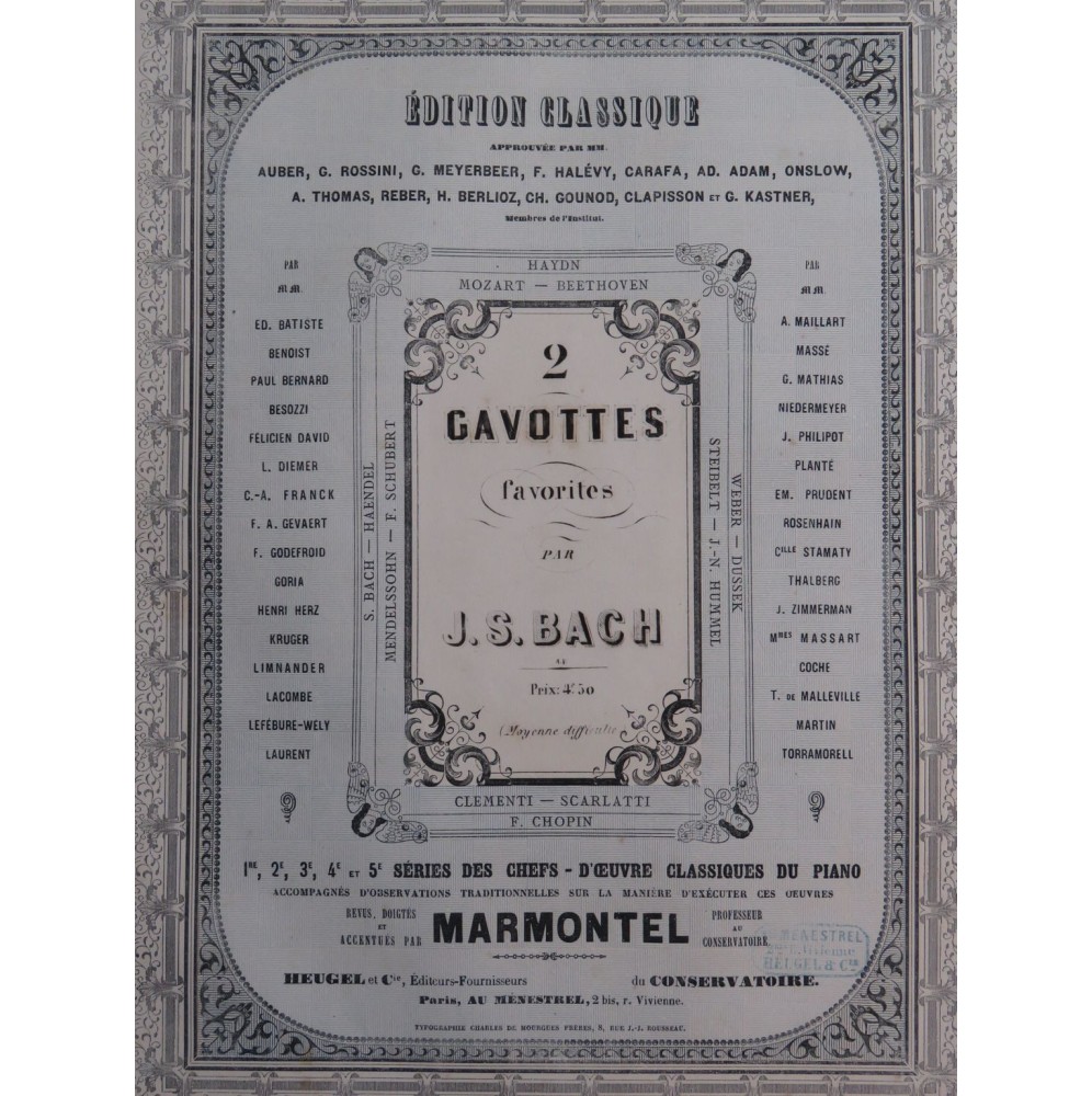 BACH J. S. Deux Gavottes Favorites Piano ca1860