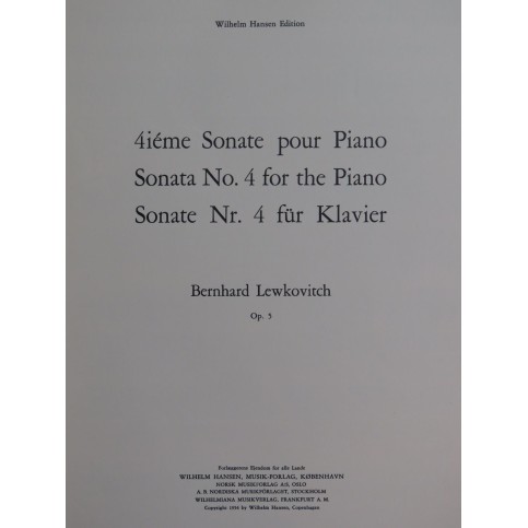 LEWKOVITCH Bernhard Sonate No 4 op 5 Piano 1954