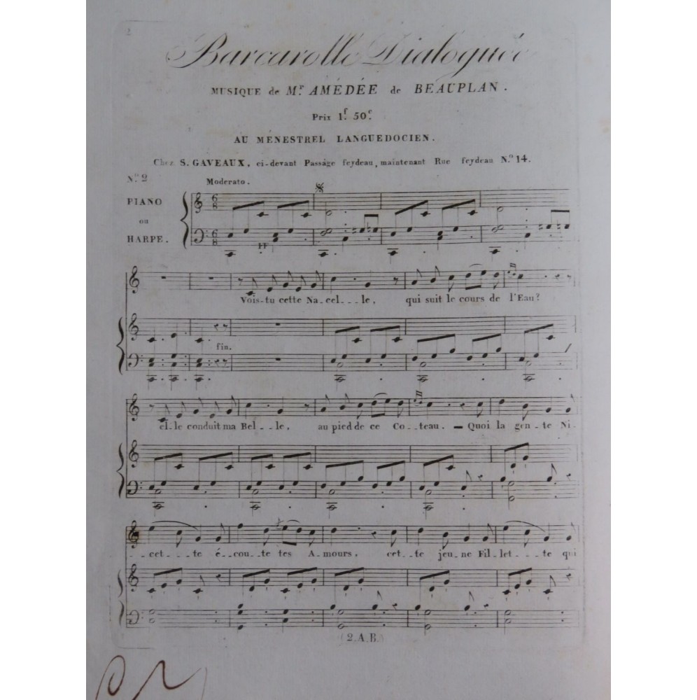 DE BEAUPLAN Amédée Barcarolle Dialoguée Chant Piano ou Harpe ca1830