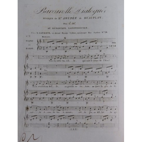 DE BEAUPLAN Amédée Barcarolle Dialoguée Chant Piano ou Harpe ca1830