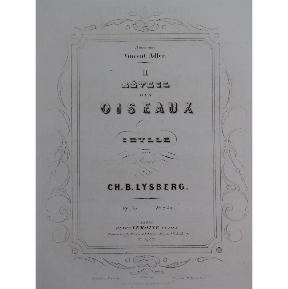 LYSBERG Ch. B. Le Reveil des Oiseaux Piano ca1854