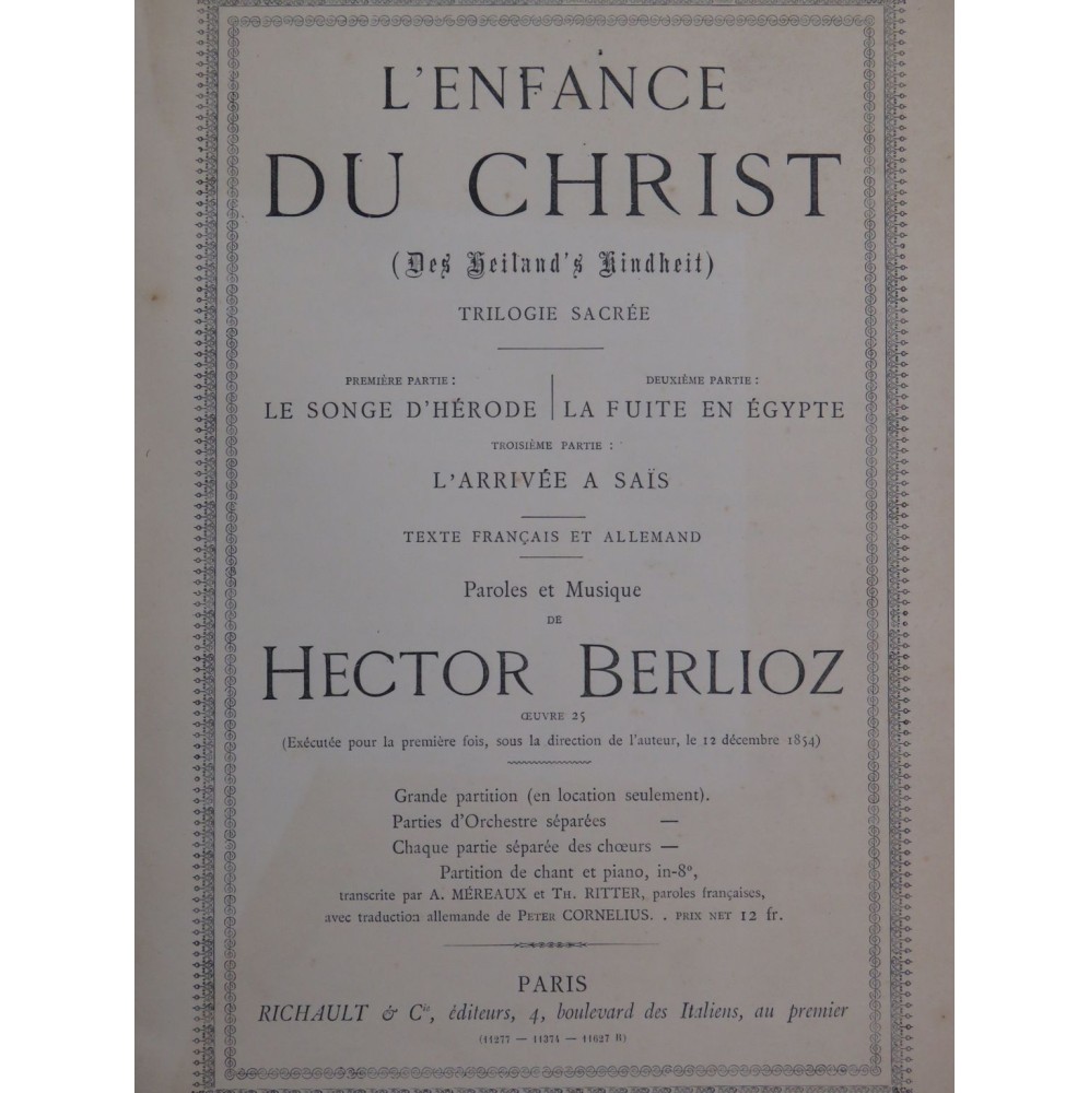 BERLIOZ Hector L'Enfance du Christ Chant Piano ca1895