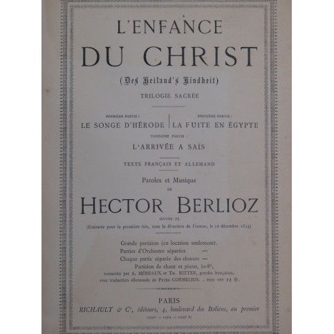 BERLIOZ Hector L'Enfance du Christ Chant Piano ca1895